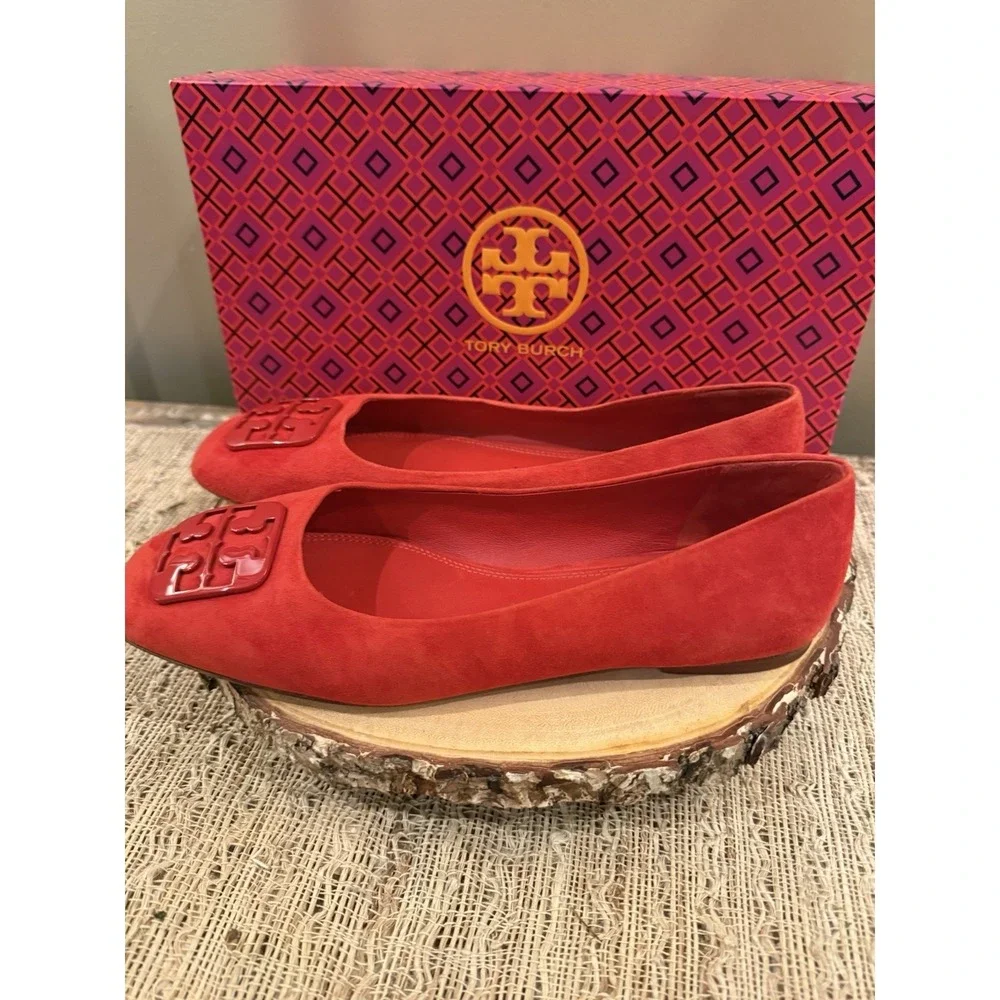 Tory Burch GEORGIA Red BALLET FLAT Shoes Size 8.5 Silk Suede 248$